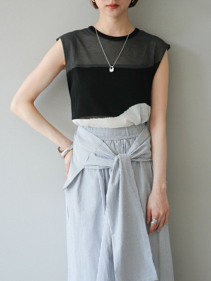 [SET] 雙色透視針織無袖上衣 + 條紋束腰休閒褲 (2set)
