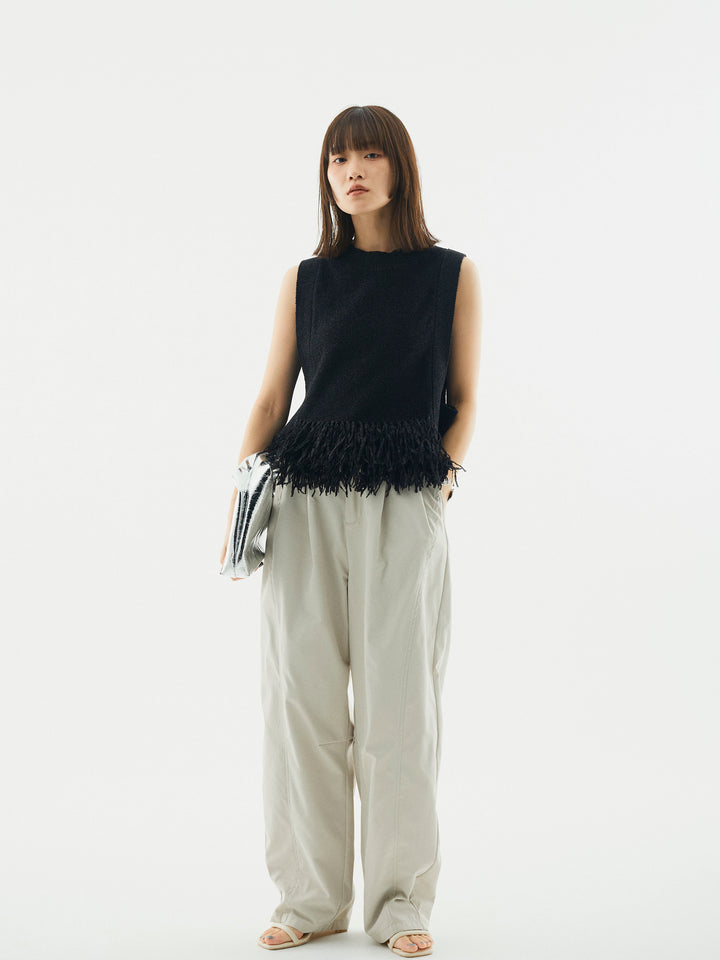 【Allure】[SET]フェザーヤーンニットベスト+タフタワイドカーブパンツ(2set)