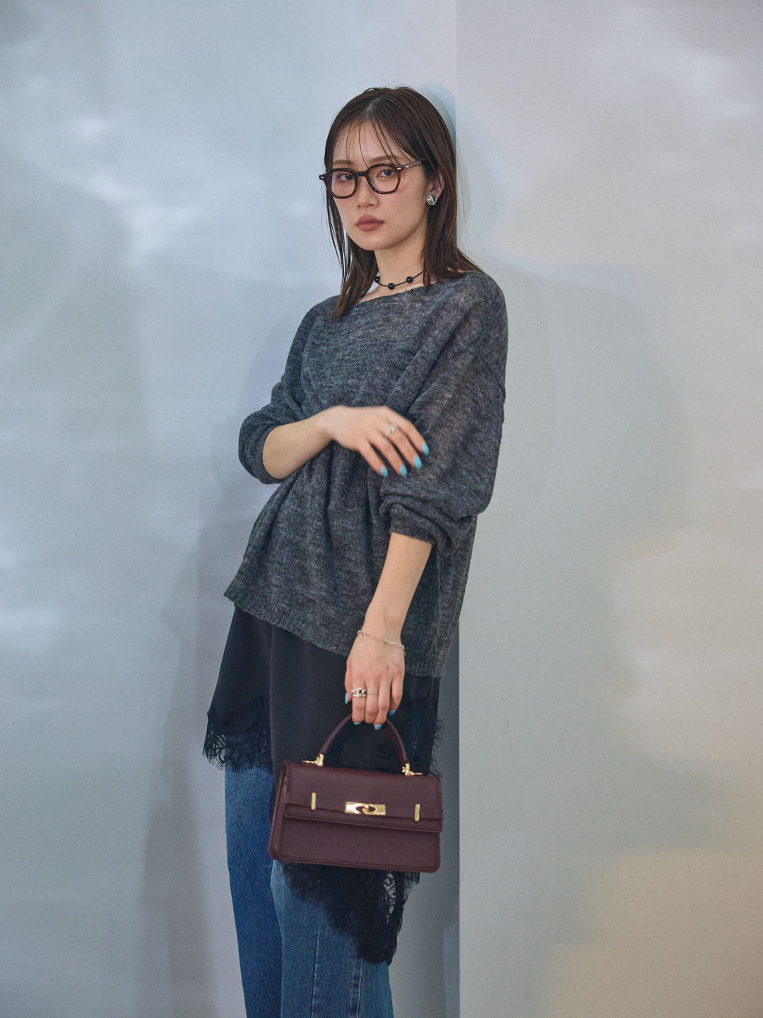 【Allure】[SET]モヘアタッチ透かし編みボートネックニットプルオーバー+アシメカーブデニムパンツ+アシンメトリーサテンレースキャミソール(3set)