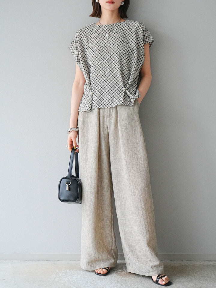 [予約]チェック柄タックデザインフレンチスリーブトップス/ブラック