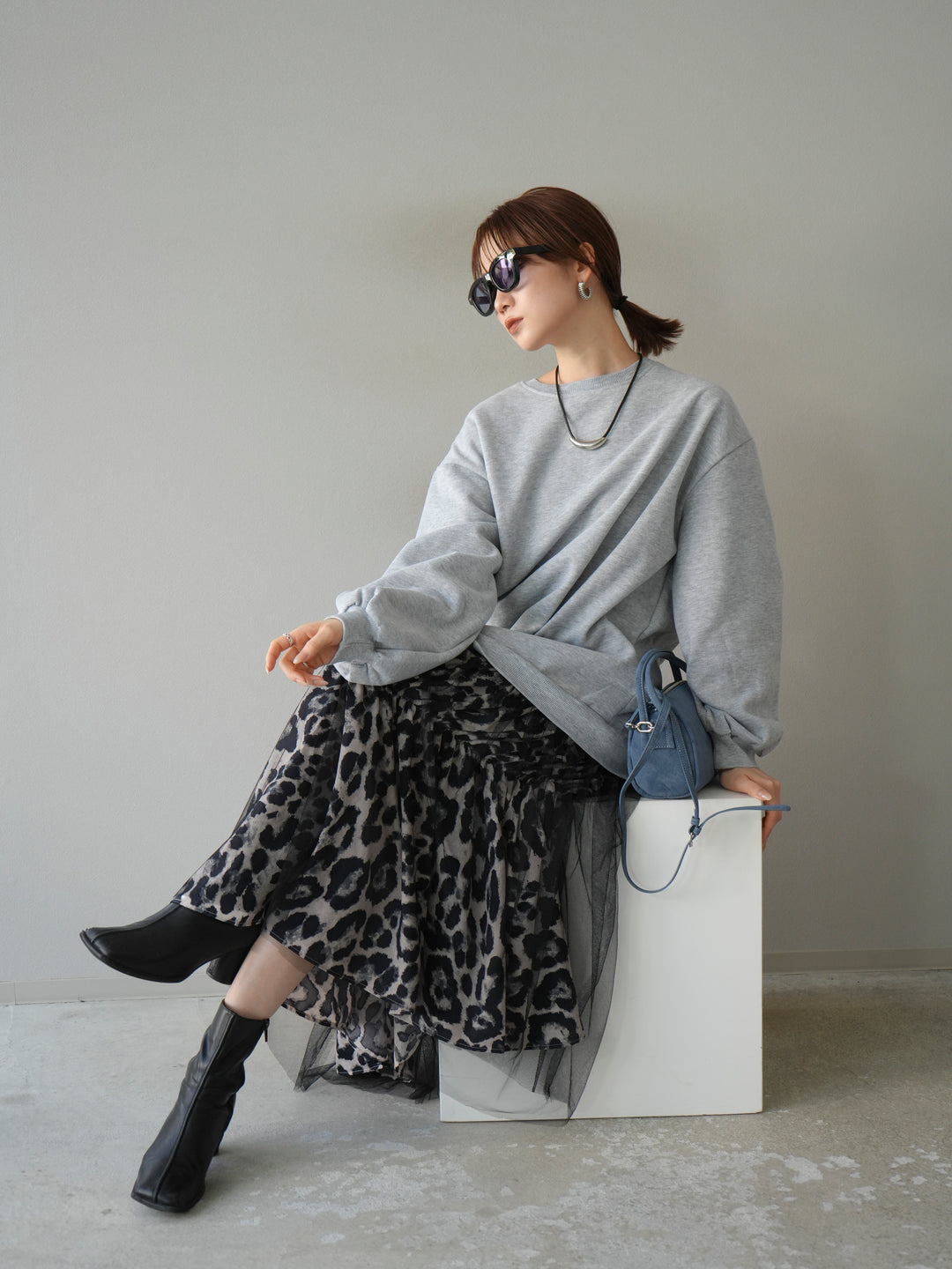 [予約]スウェットドッキングアニマル柄レイヤードワンピース/グレー