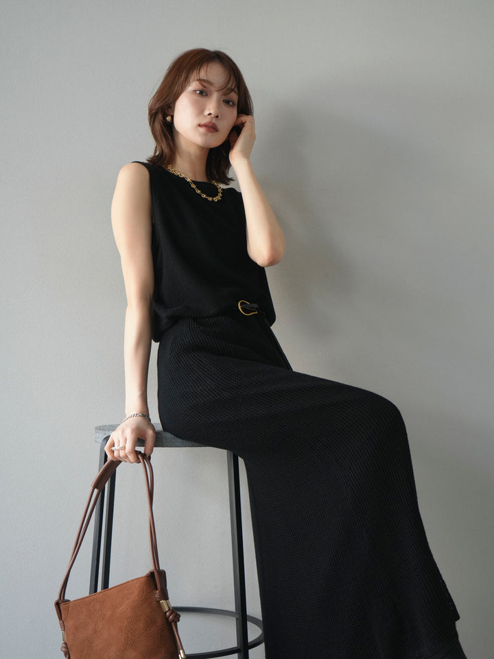 [予約]メッシュ切替ノースリーニットワンピース/black