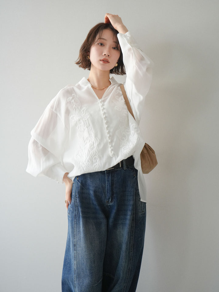 【預購】前繩刺繡襯衫/白色