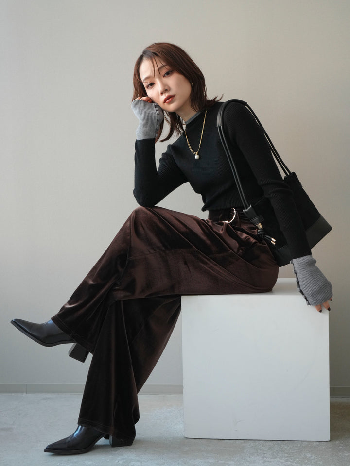 [予約]袖ボタンハイネック配色リブニットトップス/black