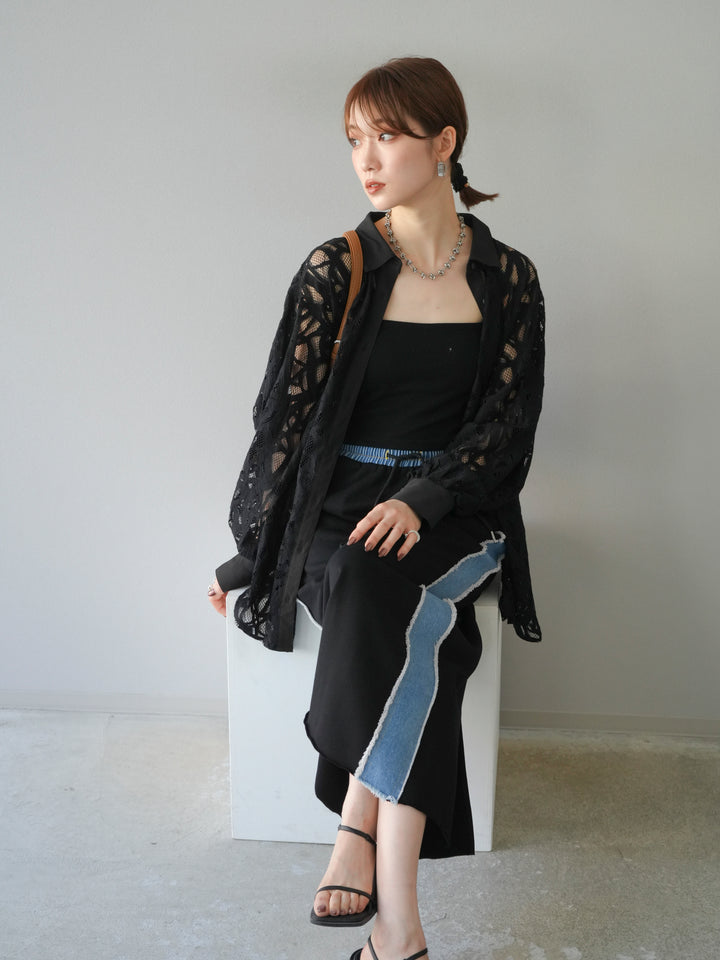 [SET]コードレースオーバーシャツ+デニムドッキングスウェットスカート(2set)