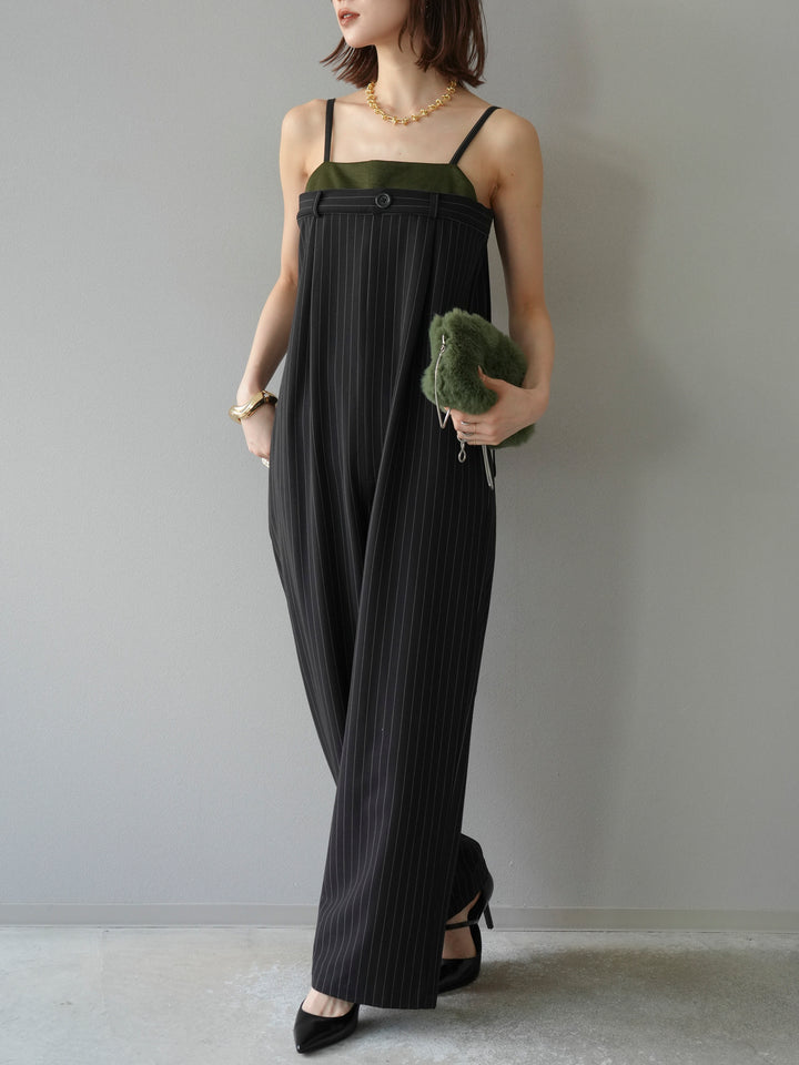 [予約]サテン切替ピンストライプサロペット/ブラック