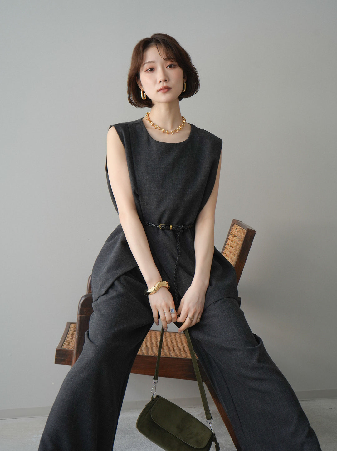 [SET]ベルト付ノースリーブトップス＆ワイドパンツSETUP