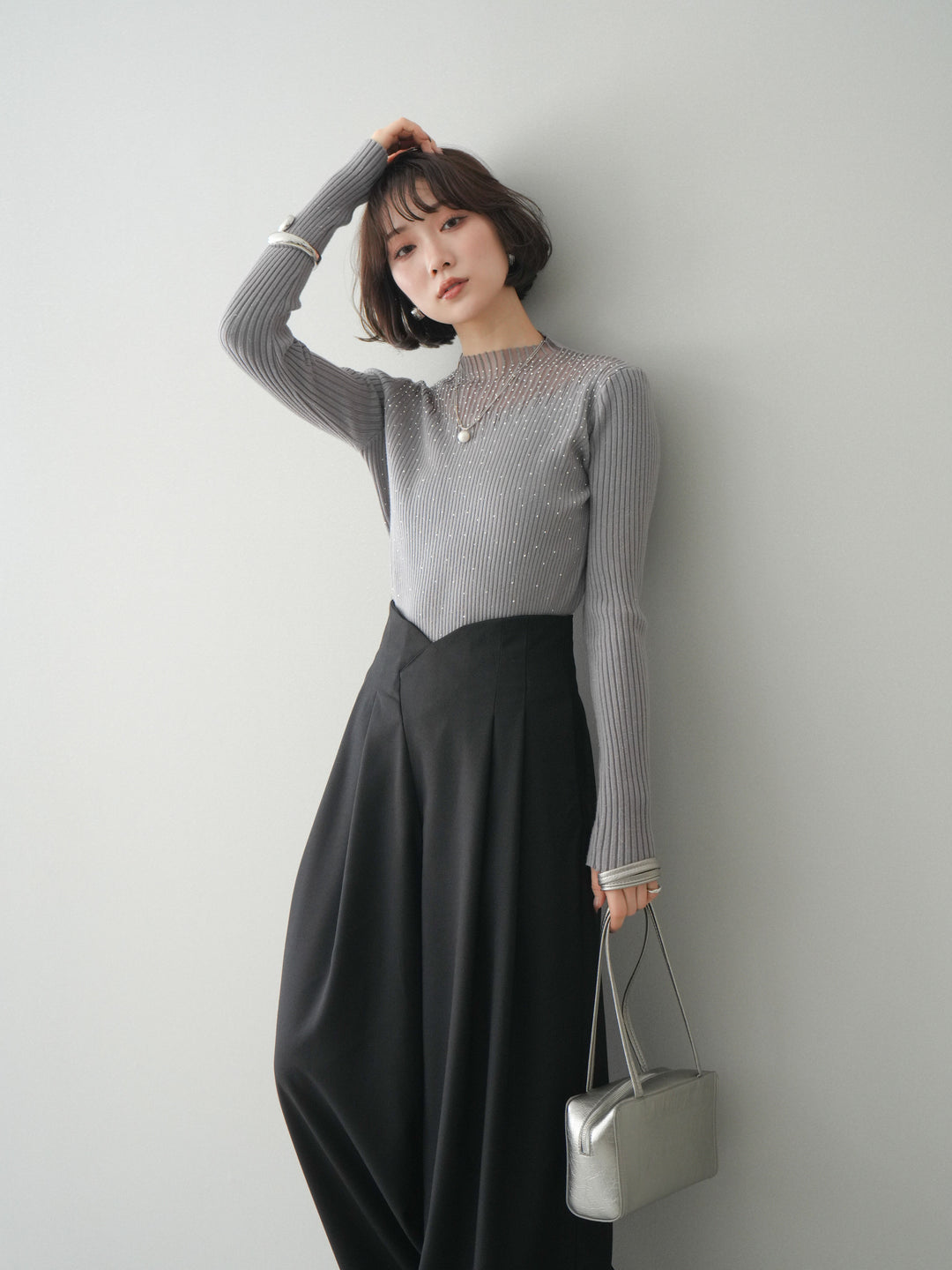 [SET]シアー切替スパンコールリブニットトップス+デザインハイウエストワイドパンツ(2set)