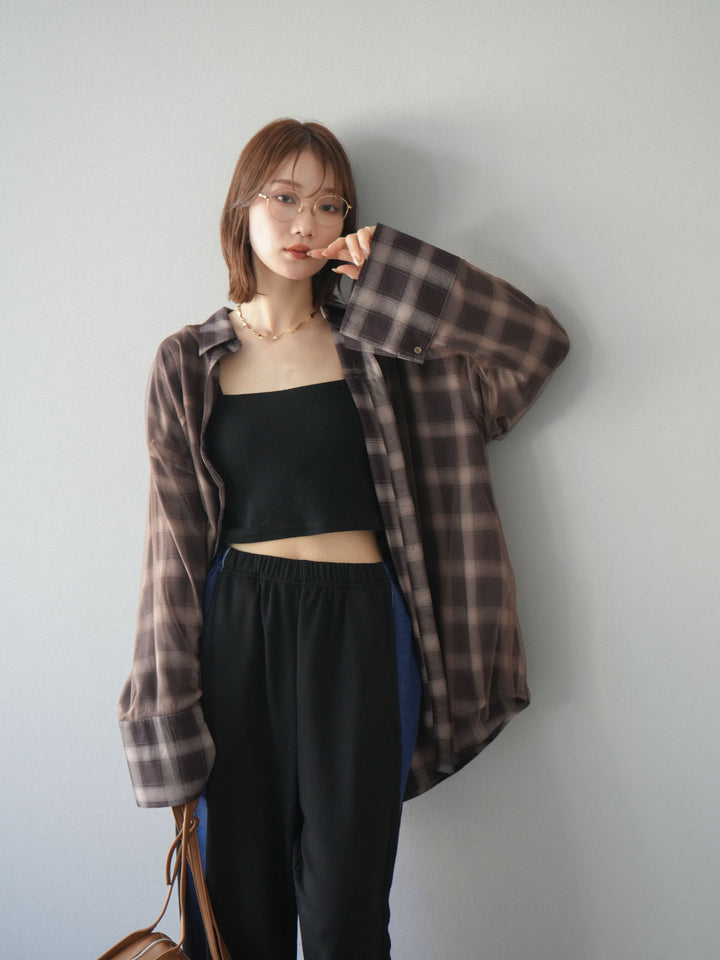 [套裝] 薄紗對接格紋寬鬆襯衫 + 牛仔布 Switch 2-Way 設計運動褲 (2 套)