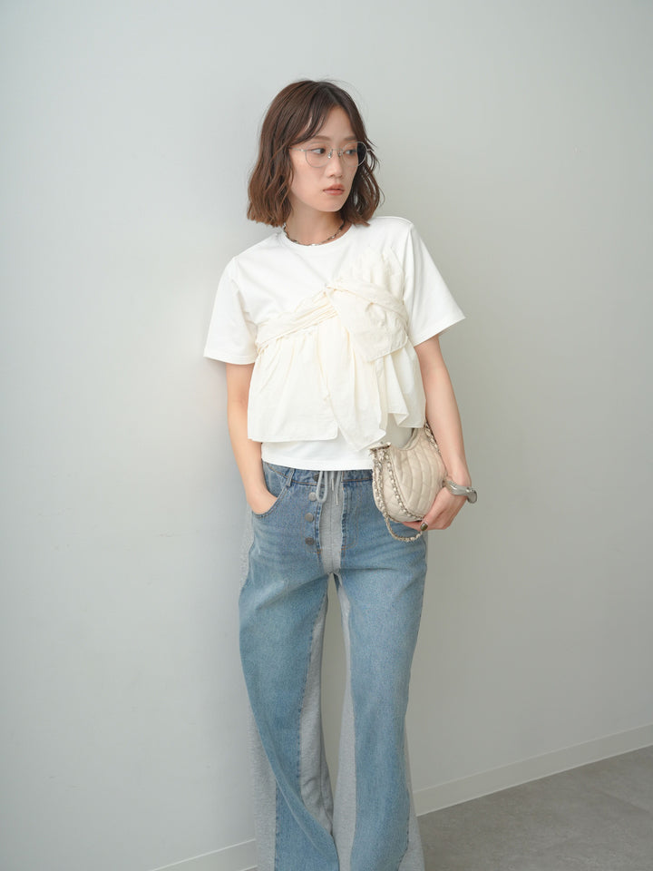 [SET]ナイロンドッキングツイストTEE +デニム切替スウェットパンツ(2set)