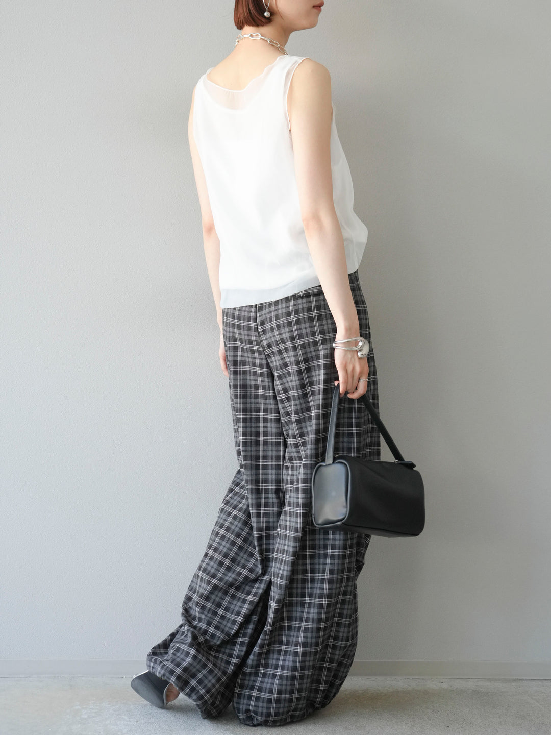 [予約]チェック柄ウエスト巻きドロストパンツ/ブラック