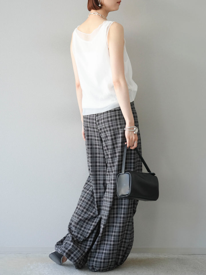 [予約]チェック柄ウエスト巻きドロストパンツ/ブラック