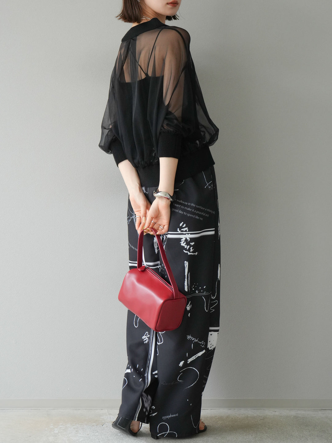[SET] 透視半袖褶皺開襟衫 + 彩繪圖案褶襉褲 (2set)