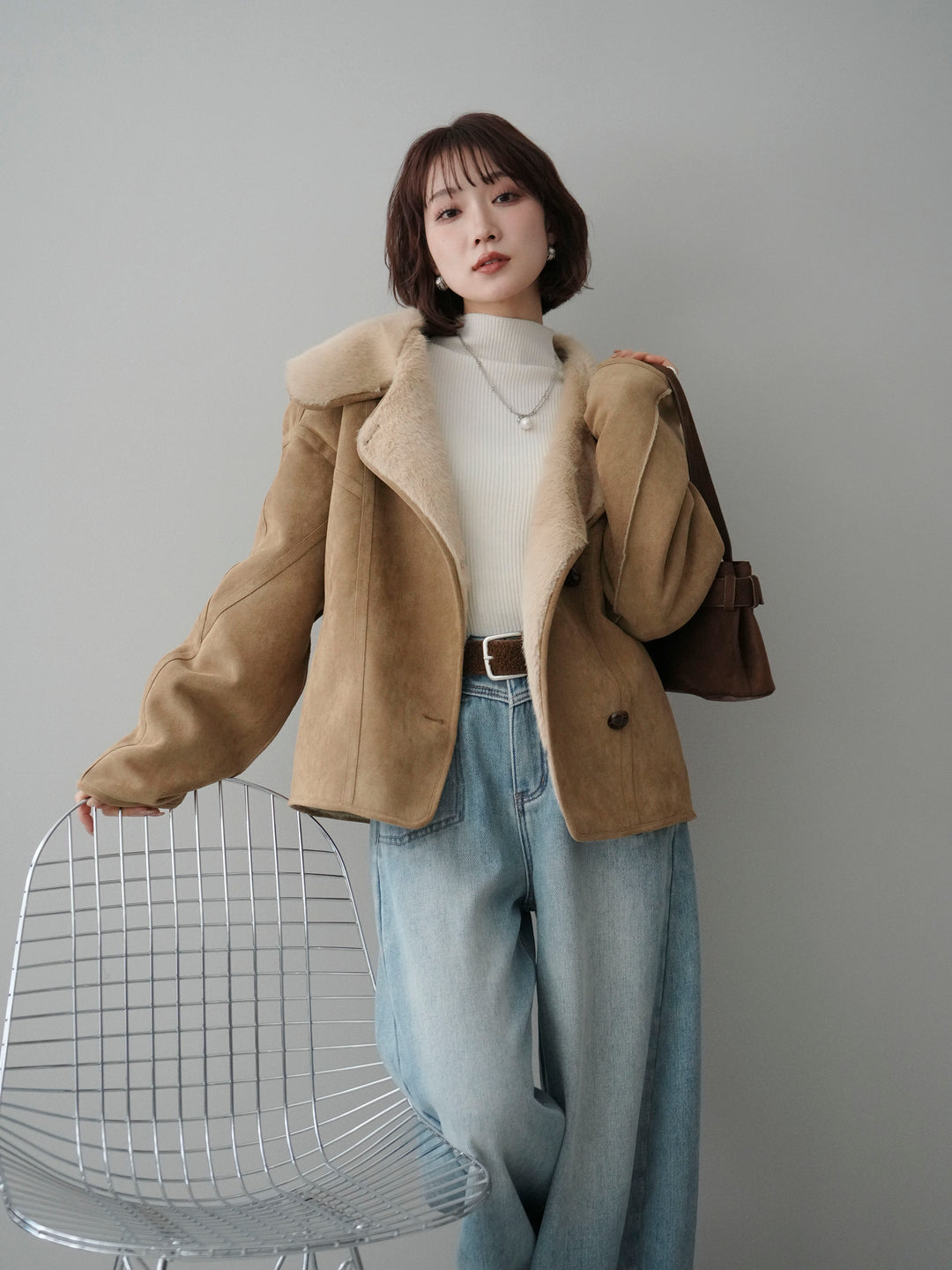 [SET]ムートンショートジャケット+ベルト付裏起毛カーブデニムパンツ(2set)