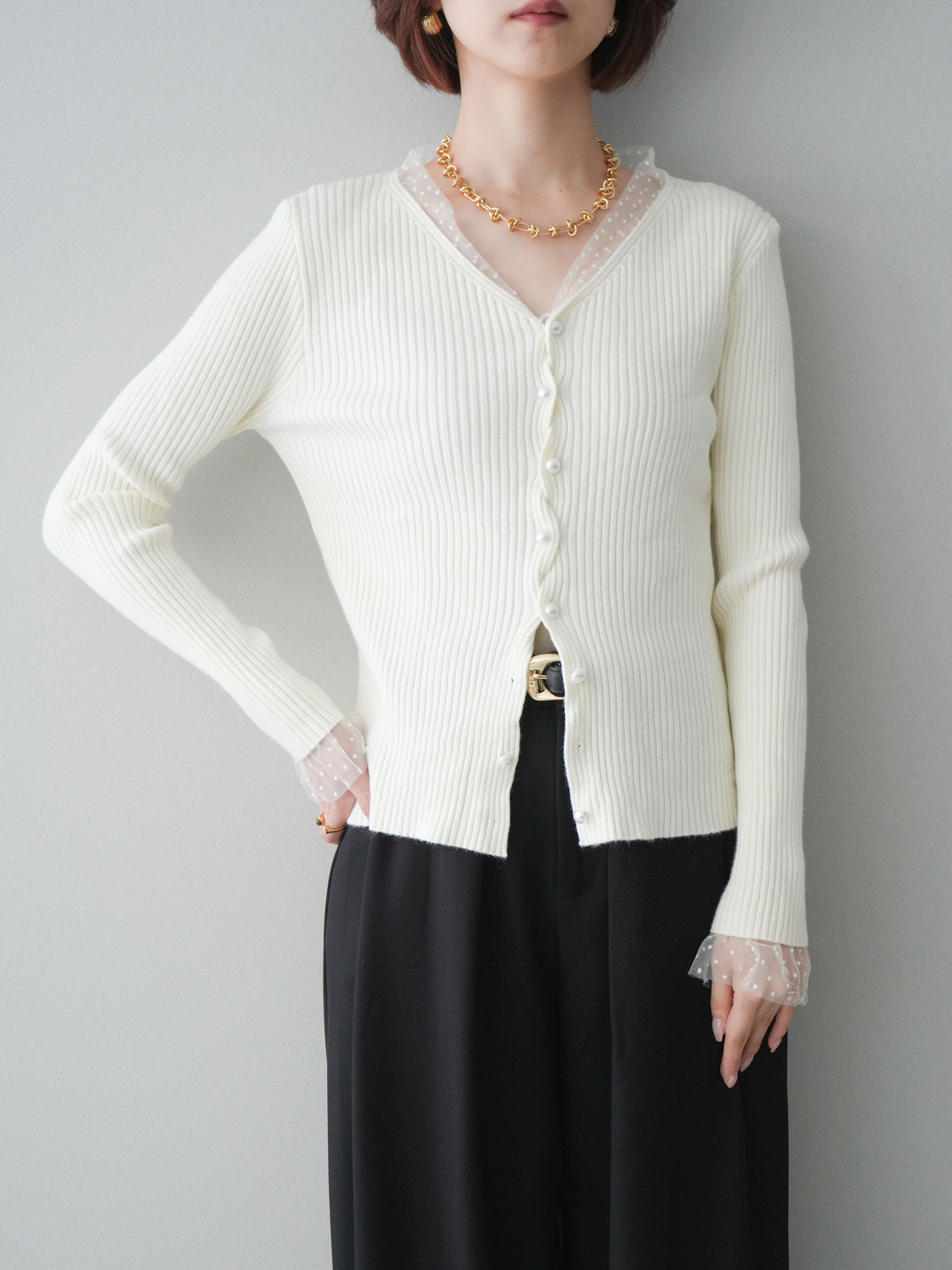 [SET]チュールドッキングパールボタンニットカーディガン+選べるアクセセット(2set)