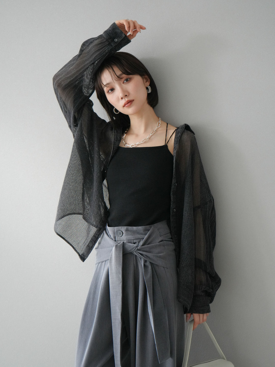 [予約]コットンラメメッシュオーバーシャツ/グレー