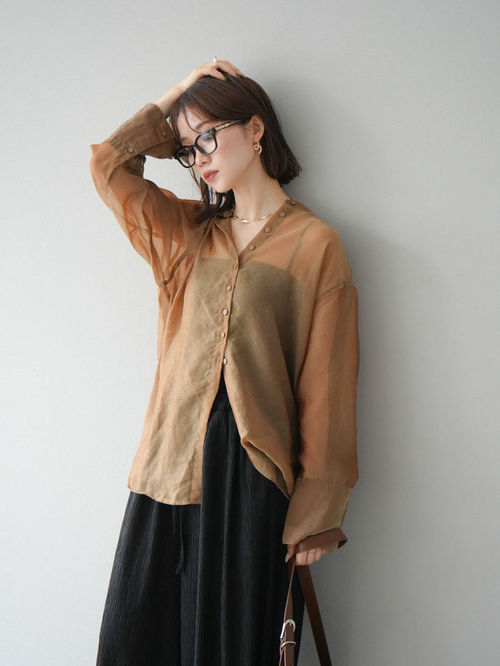 [SET] 亮面透視立領襯衫 + 柳葉寬褲 (2set)