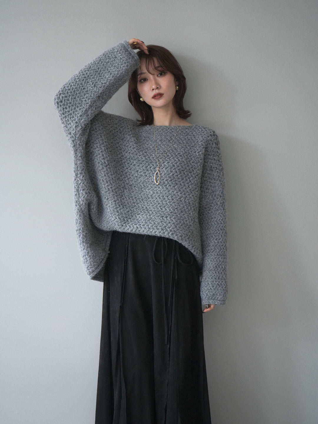 [予約]ワッフル編みオーバーニットプルオーバー/gray