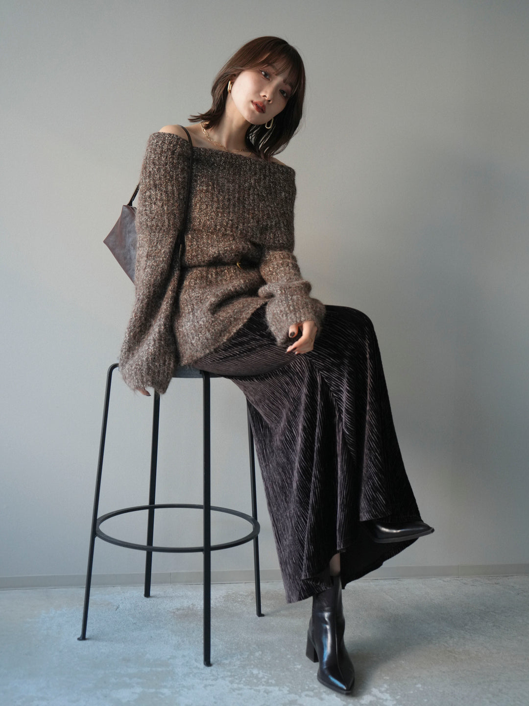 [予約]オフショルミックスニットプルオーバー/brown