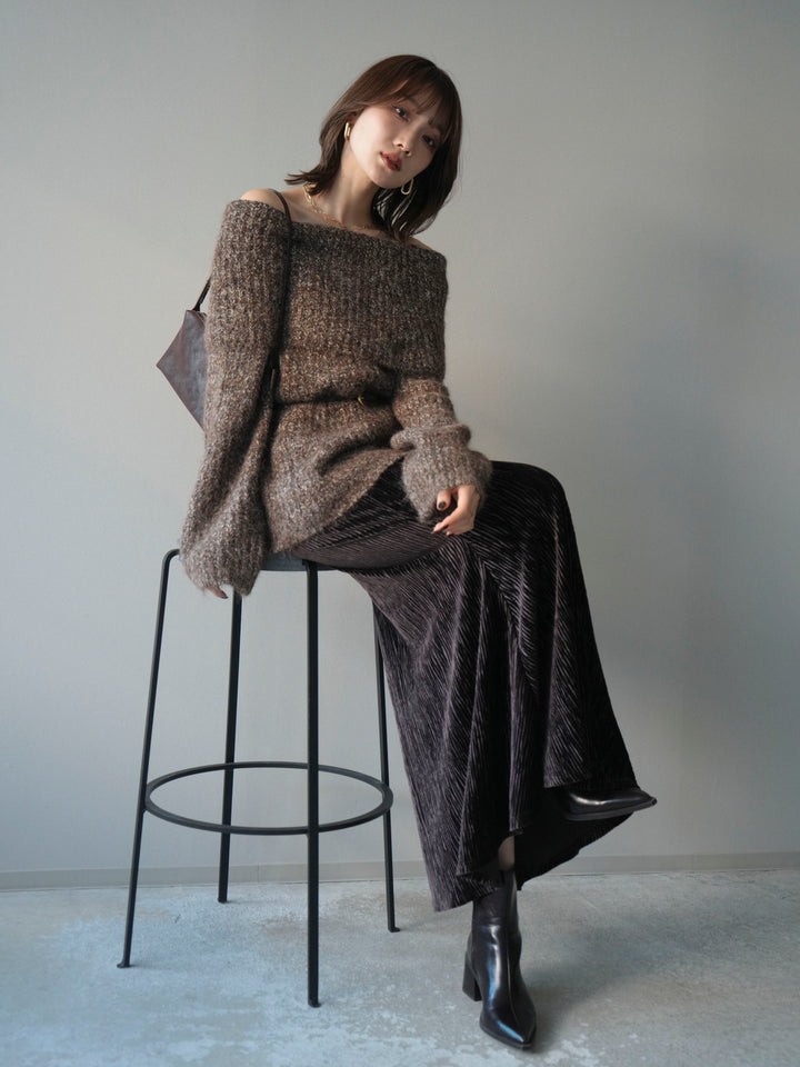 [予約]オフショルミックスニットプルオーバー/brown