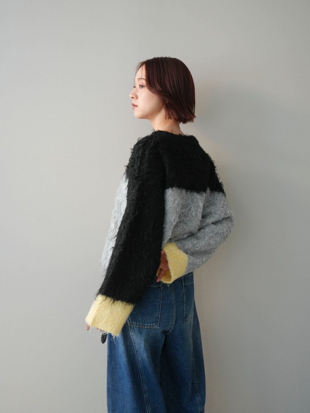 [SET]バイカラーモヘアタッチニットプルオーバー+裏起毛加工デニムカーブパンツ(2set)