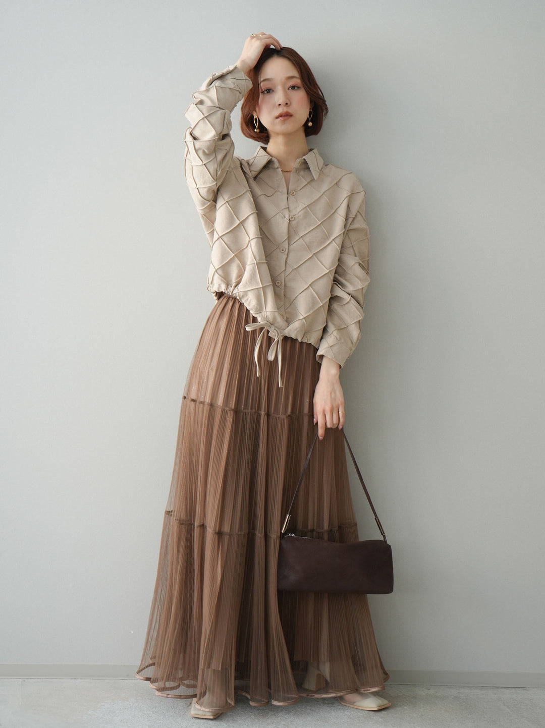 [予約]ラメプリーツレイヤードチュールロングスカート/mocha