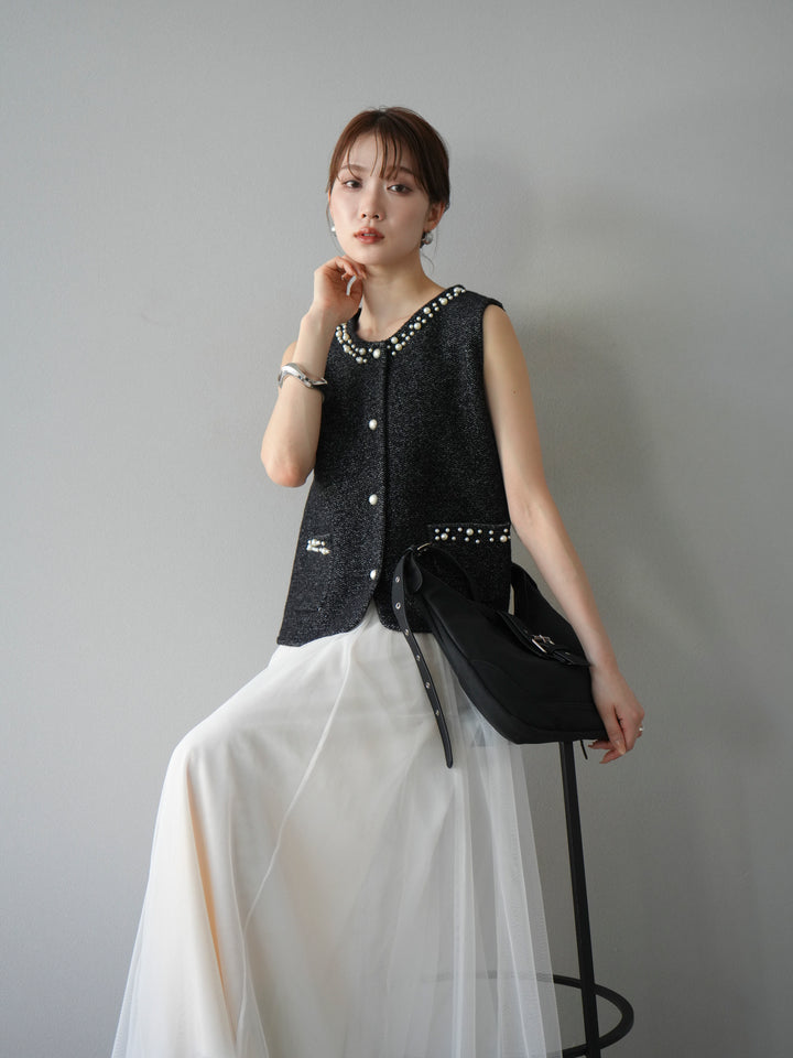 [予約]パールデザインツイードライクニットベスト/ブラック