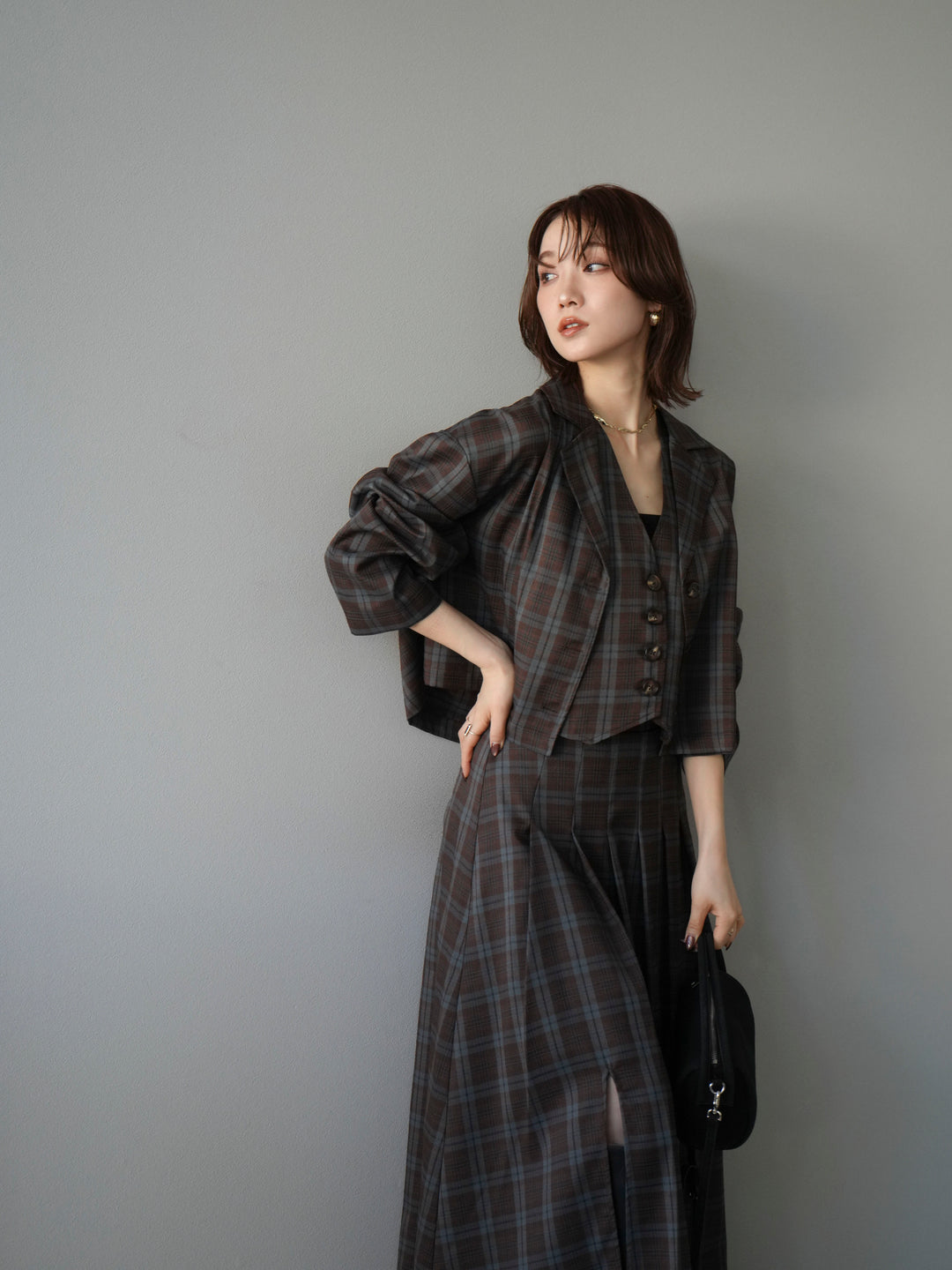 [SET]チェック柄ショートジャケット+チェック柄ベスト+チェック柄タックフレアスカート(3set)