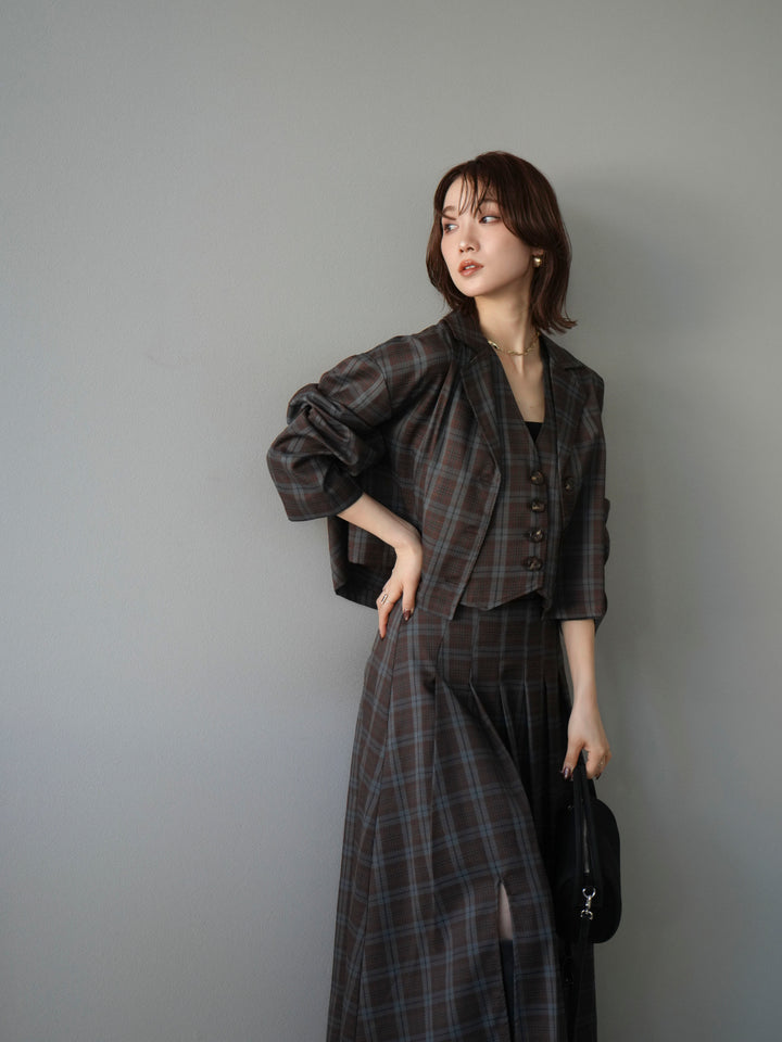 [SET]チェック柄ショートジャケット+チェック柄ベスト+チェック柄タックフレアスカート(3set)