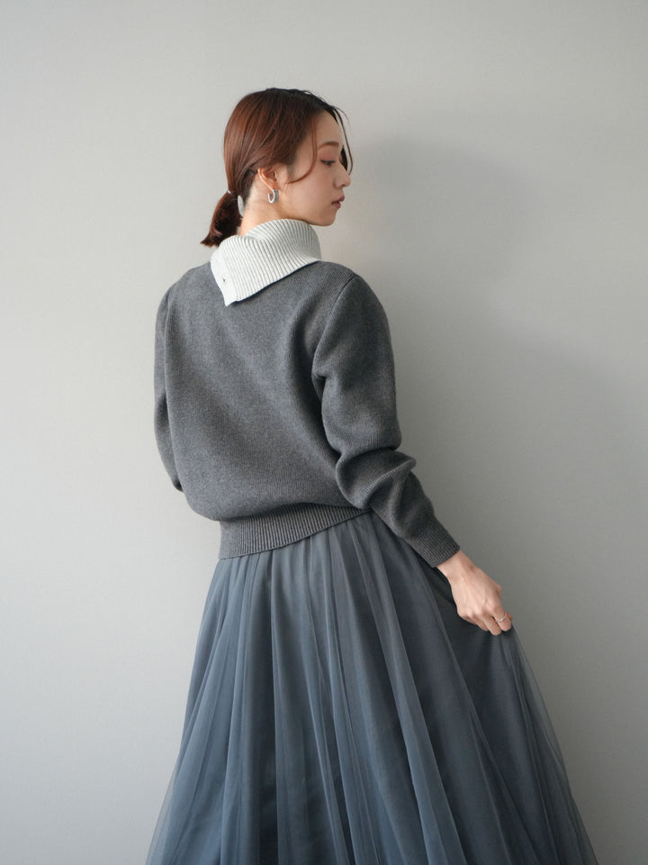 [予約]デザインネックバイカラーニットプルオーバー/charcoal