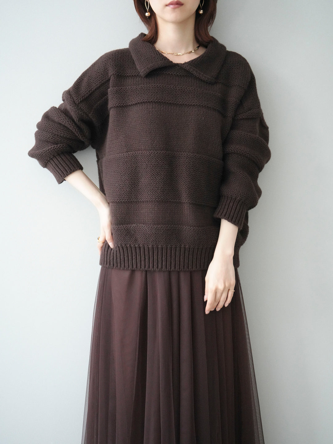 [SET]襟付きボーダー編みニットプルオーバー+チュールボリュームスカート(2set)