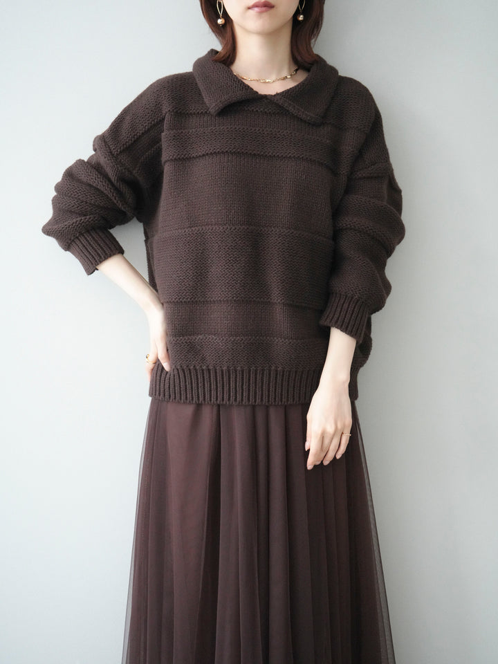 [SET]襟付きボーダー編みニットプルオーバー+チュールボリュームスカート(2set)