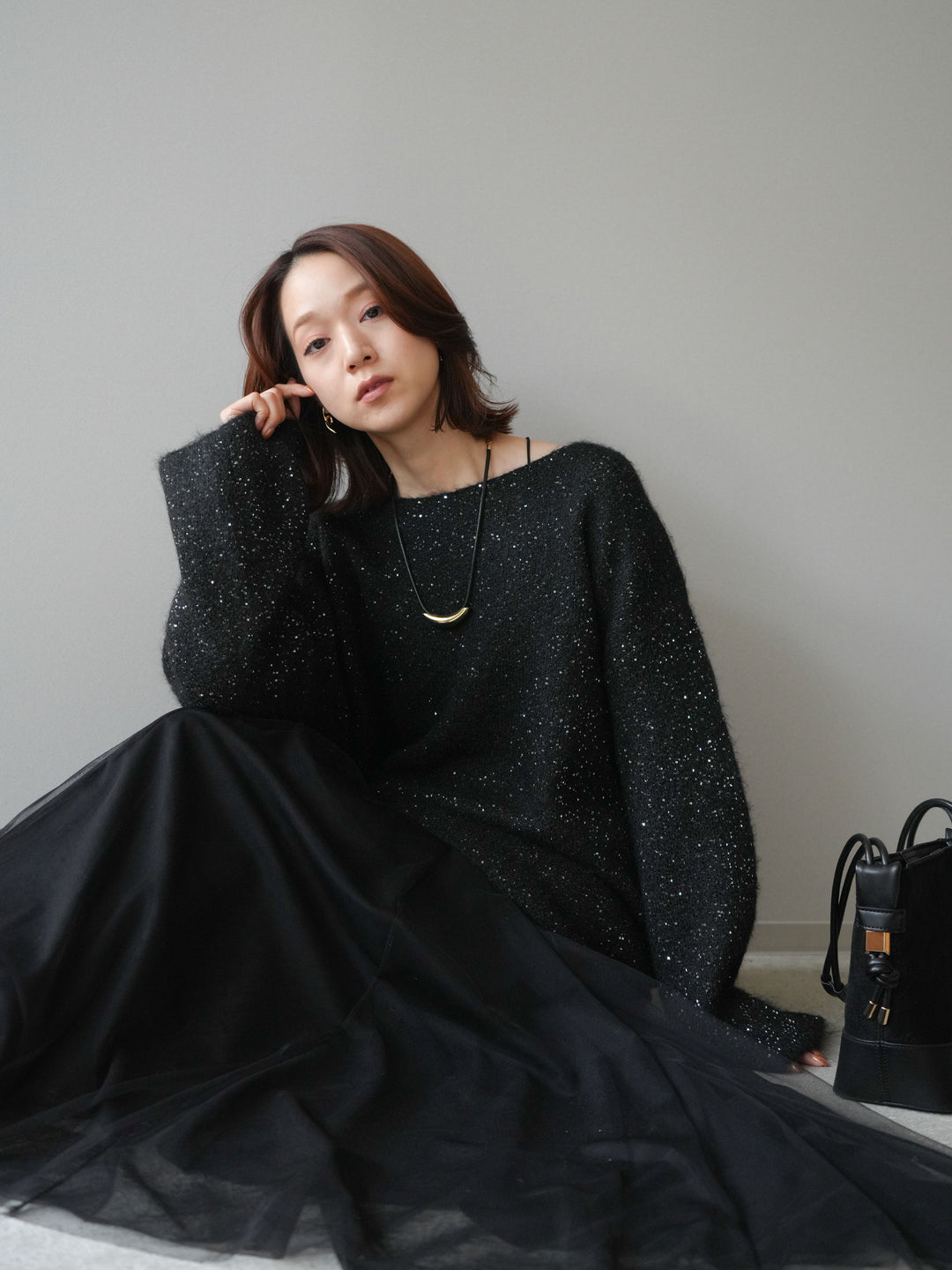 [予約]スパンコールミニシャギーニットチュニック/black