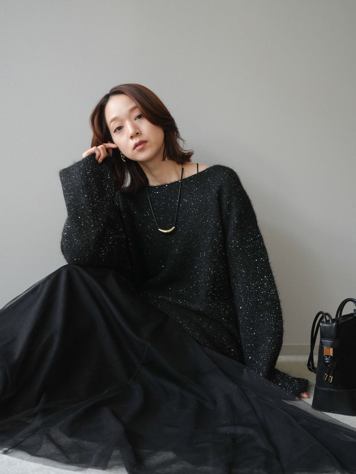 [予約]スパンコールミニシャギーニットチュニック/black