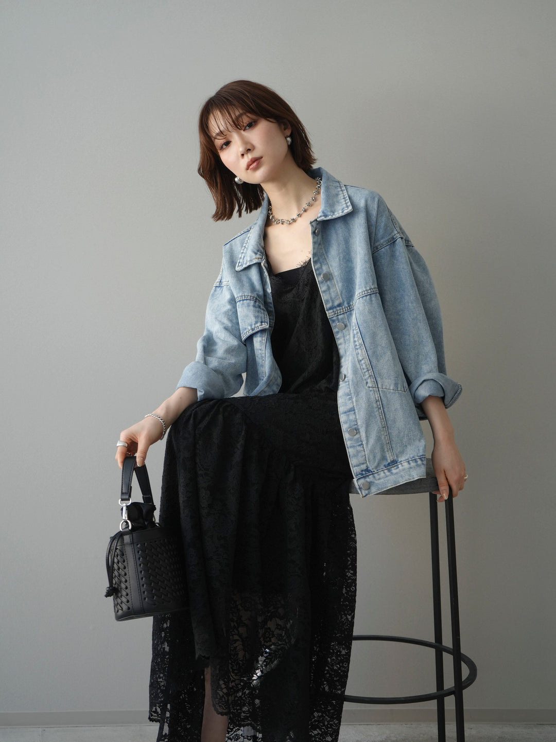 [予約]ギャザー切替レースキャミワンピース/black