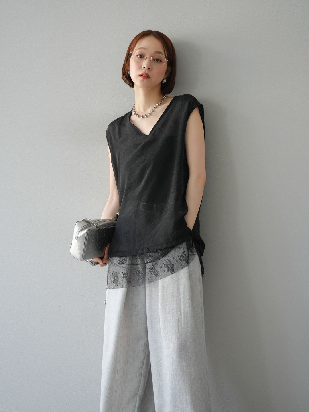 [予約]レースレイヤードオーガンジートップス/ブラック