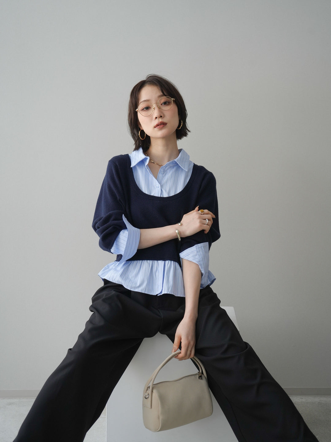 [予約]ストライプシャツUネックドッキングニットプルオーバー/navybluestripeB