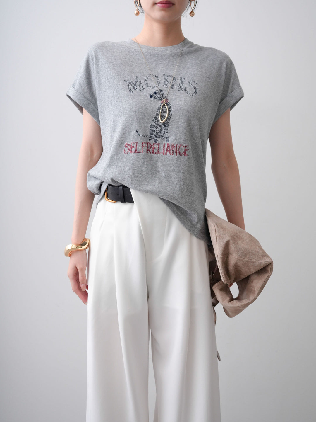 [SET]ドッグエンブロイダリーTEE+アシンメトリーベルトタックワイドパンツ(2set)