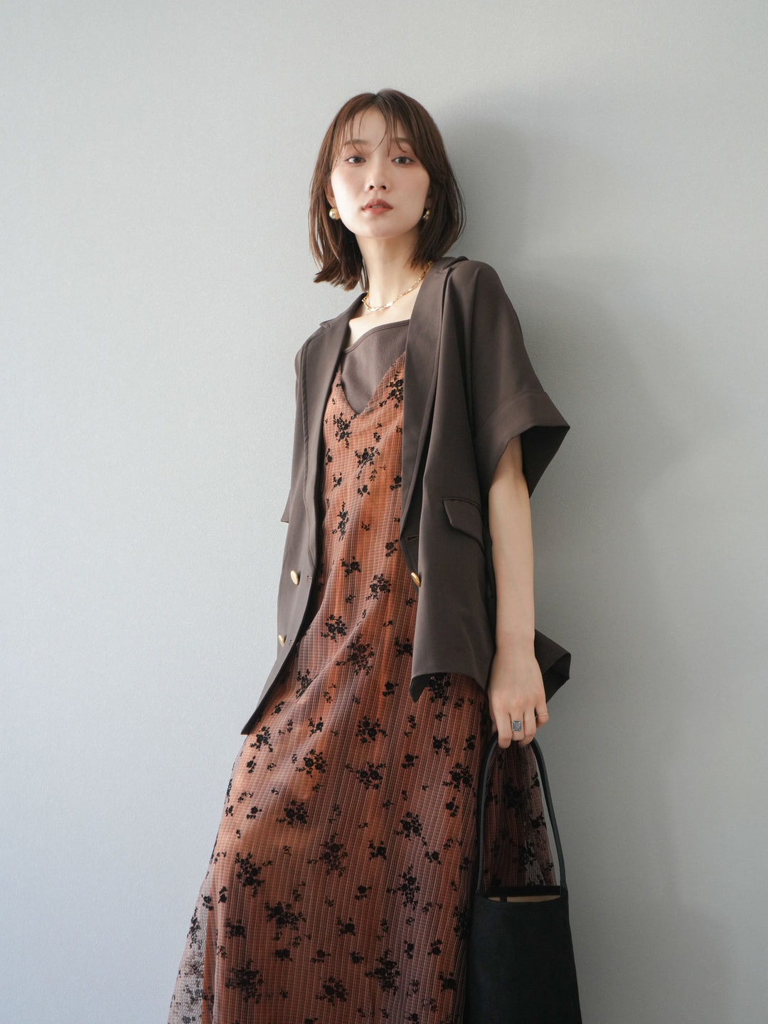 [套裝] 植絨薄紗層疊天鵝絨吊帶連身裙 + 金色紐帶半夾克 (2 套)