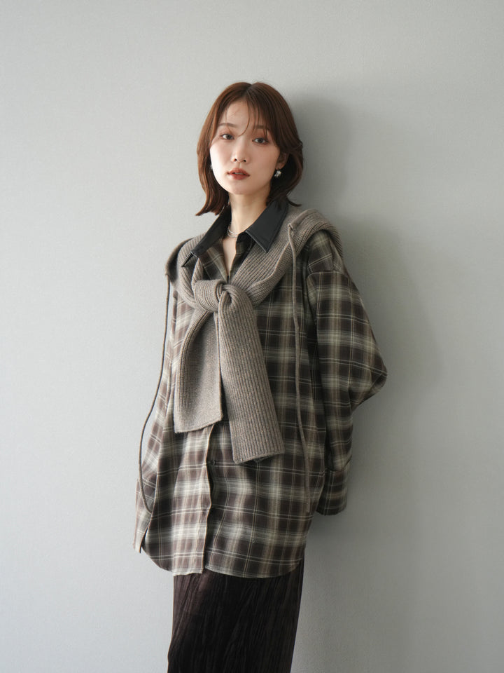 [SET]レザー襟オンブレチェックオーバーシャツ +クラッシュベロアナロースカート(2set)