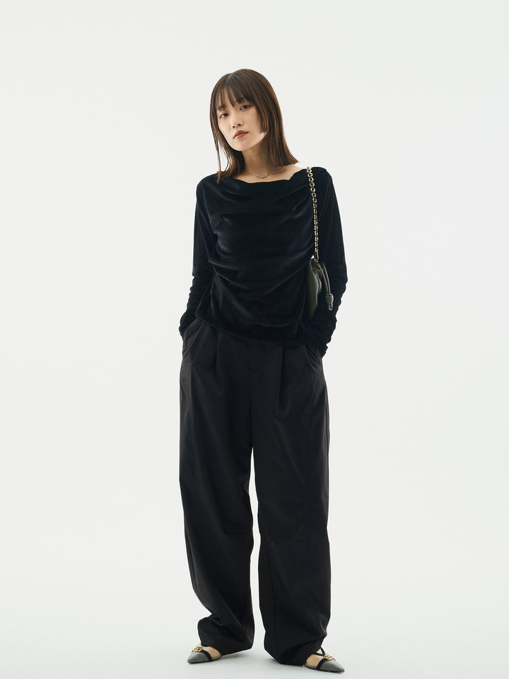 【Allure】[SET]シアーベロアタックデザイントップス+タフタワイドカーブパンツ(2set)