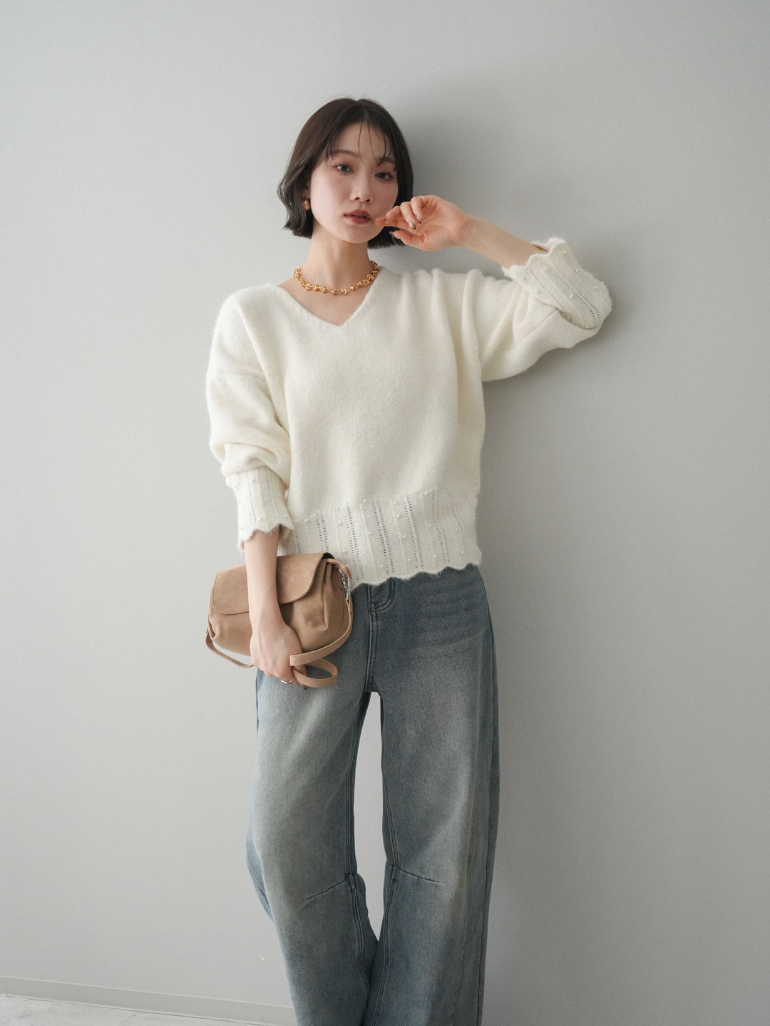 [SET]パールフリルリブヘムニットプルオーバー+選べるアクセセット(2set)