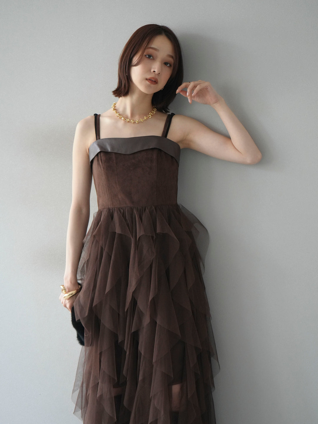 [予約]レザー切替チュールラッフルワンピース/brown