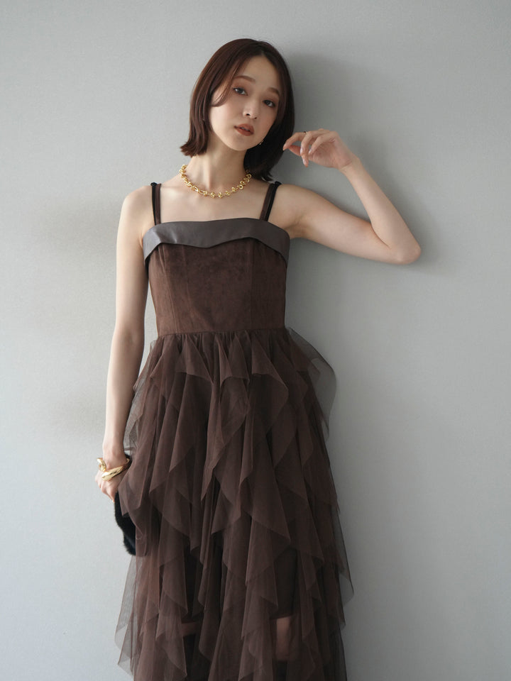 [予約]レザー切替チュールラッフルワンピース/brown