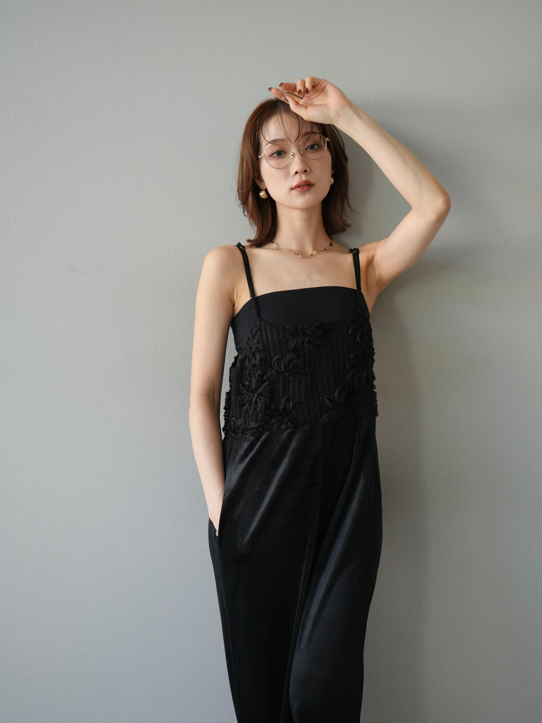 [予約]ジャガード切替ベロアサロペット/ブラック