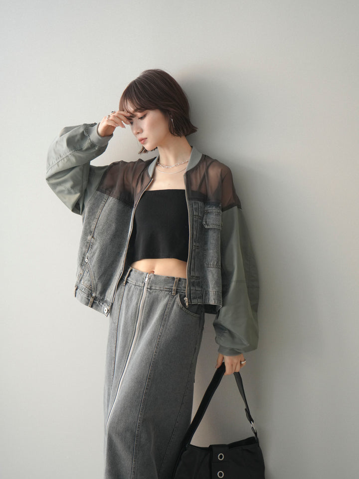 [SET]異素材デニムブルゾン+フロントジップデニムスカート(2set)