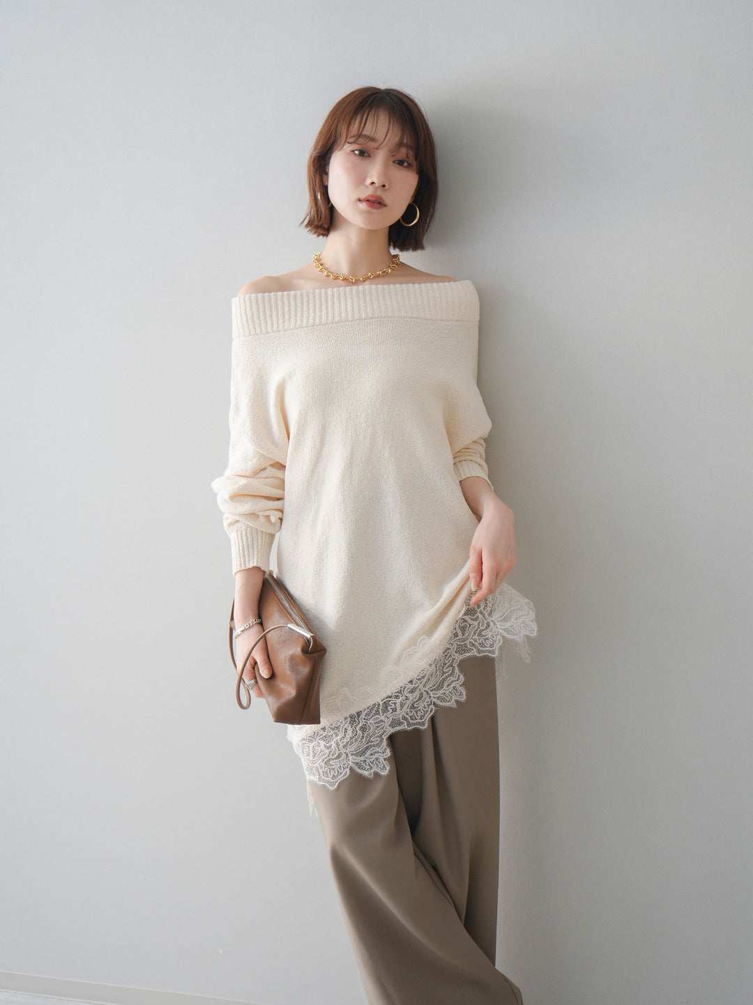 [SET]アシンメトリーレースヘムニットプルオーバー+ベルト付キーホルダーモチーフワイドパンツ(2set)
