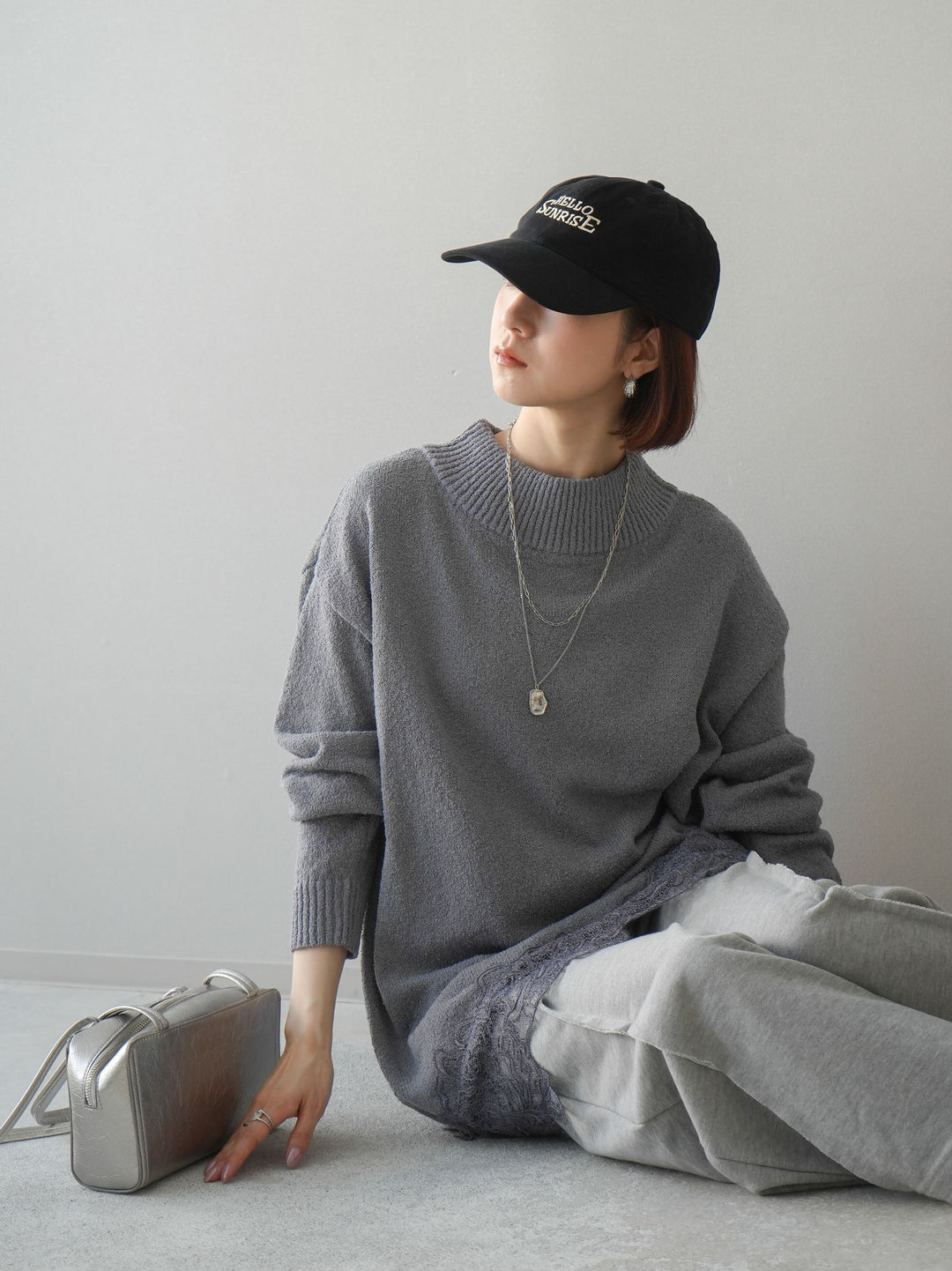 [SET]アシンメトリーレースヘムニットプルオーバー+2WAYデザインスウェットパンツ(2set)