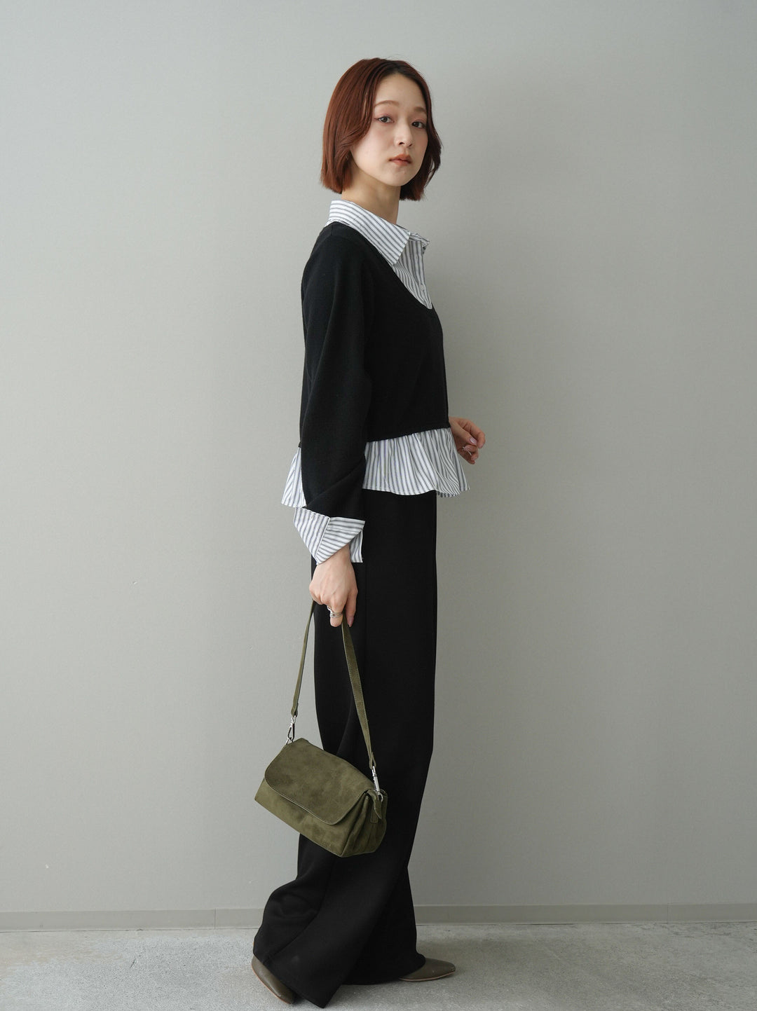 [SET]ストライプシャツUネックドッキングニットプルオーバー+イージーポンチワイドパンツ(2set)