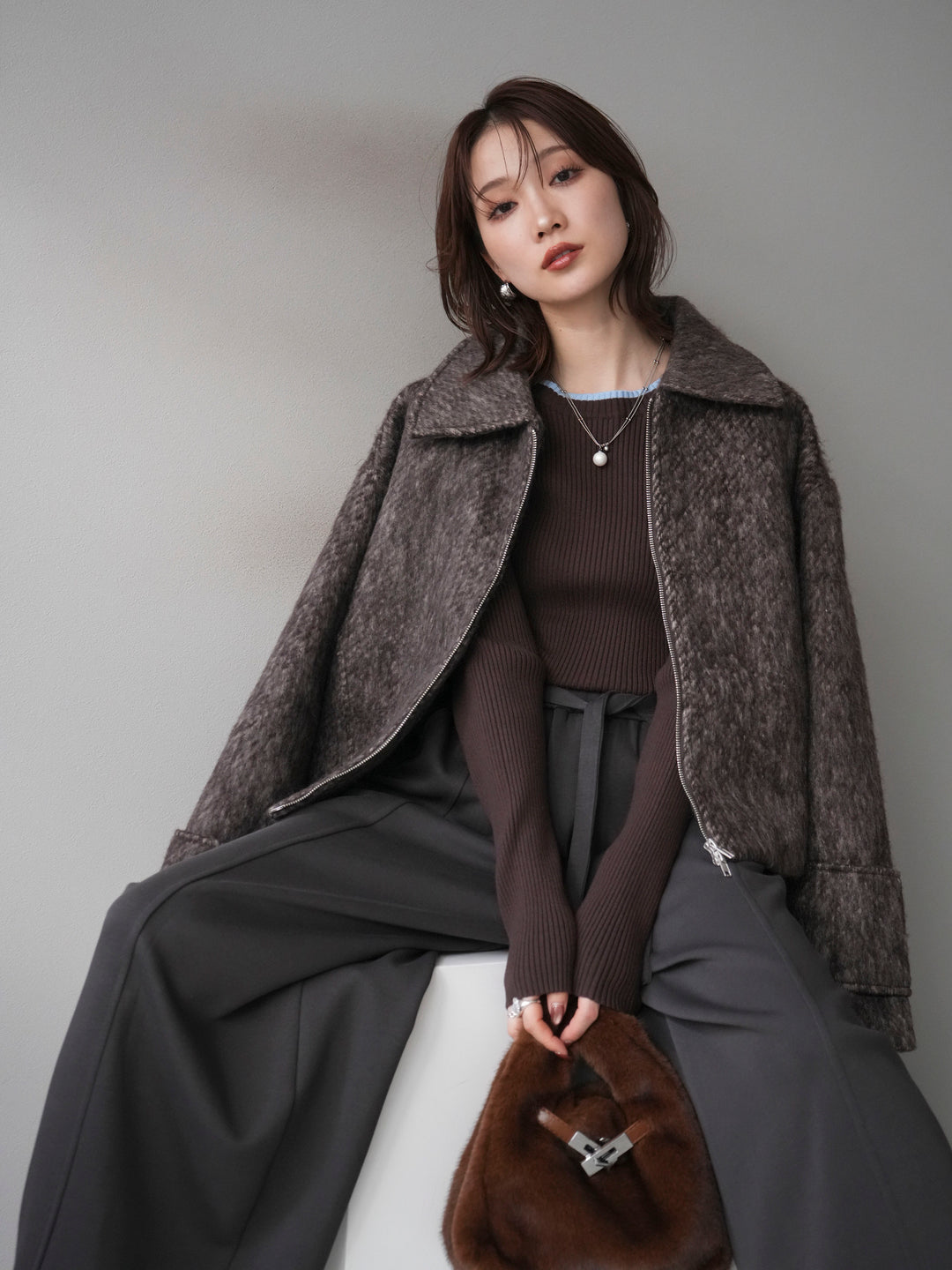 [予約]袖ビックループシャギージップブルゾン/brown